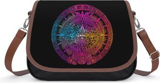 Generic Colorful Aztec Calendar Mayan Crossbody Bags for Women Leather Tote Bag Travel Purse Shoulder Bag for Work Shopping