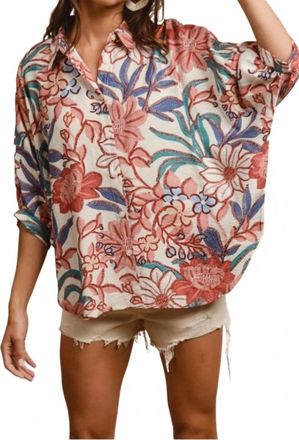 Bibi Floral Print Oversized Short Sleeve Top In Dusty Pink Multi