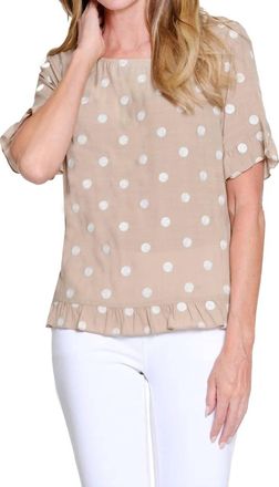 Multiples Polka Dot Ruffle Trim Top In Khaki