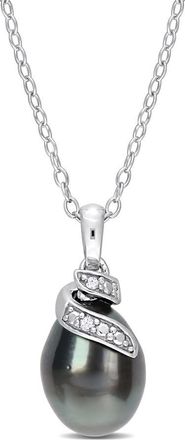 Amour 8-9mm Black Tahitian Cultured Pearl and Diamond Accent Swirl Pendant with Chain In Sterling Silver