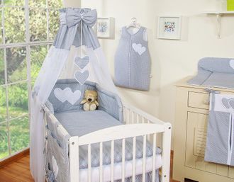 OEM Juego De Cama De 5 Piezas De 120x90 Cm Con Dosel - Corazones Colgantes Con Puntos Sobre Fondo Gris