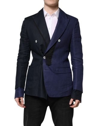 Dolce & Gabbana Mens Navy Blue Double Breasted Suit Coat Blazer Flax Virgin Wool Elastane