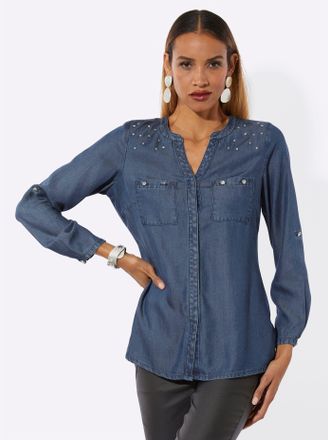 Cr&eacute;ation L Langarmbluse CREATION L, Damen, Gr. 36, blau, bleached, 100% Lyocell, unifarben, V-Ausschnitt, Blusen Langarmbluse