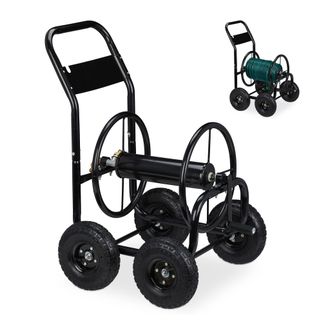 Relaxdays Carro Portamangueras, Recogemangueras M&oacute;vil, Metal, Para Mangueras De 75 M M&aacute;x., Con Manivela, 4 Ruedas, Negro - Relaxdays