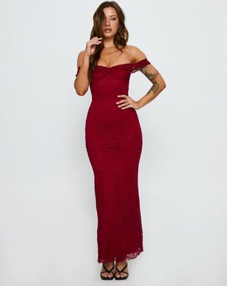 Princess Polly Anabeila - Vestito lungo in pizzo rosso con scollo alla Bardot e dettaglio incrociato sul davanti