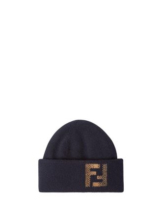 Fendi Navy Blue Logo Knitted Beanie Hat