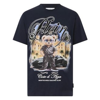 Philipp Plein Tops, Heren, Blauw, 3Xl, Katoen, Round Neck T-Shirt Teddy Racing