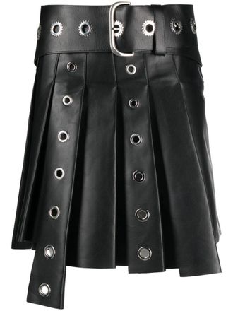 Off-white eyelet-embellished asymmetric pleated miniskirt - women - Calf Leather/Brass/zamac - 42 - Black
