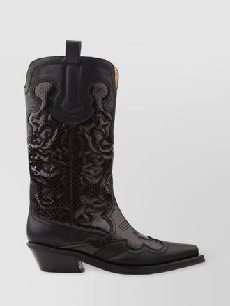 Ganni leather embroidered western mid-calf boots