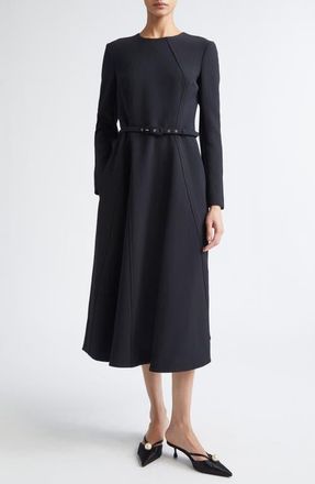 Emilia Wickstead Uccelina Belted Long Sleeve Birds Eye Suiting Fit & Flare Dress in Black at Nordstrom, Size 2 Us