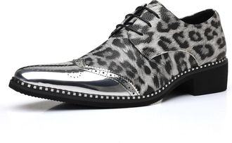 Generic Mens Shiny Leopard Print Dress Shoes | Metallic Oxford Shoes for Party, Prom, Stage, Wedding and Club Outfits,Silver,8.5 UK