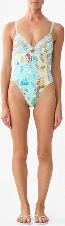 Camilla Knot Front Ruched Panelled Triangle One Piece In Just Coasting