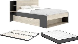 Vente-Unique Cama 140 x 190 cm con almacenamiento - Color: Natural y negro + Somier + Colch&oacute;n - KEROSIA