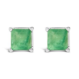 House of Brilliance 14K White Gold 5x5MM Princess Cut Green Emerald Solitaire Stud Earrings