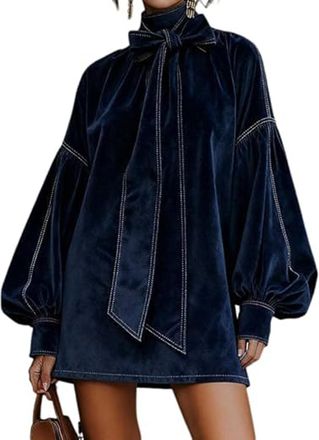 Generic Velvet Bow Dress, Lantern Sleeve Mini Dresses for Women Turtleneck Bow Retro Western Style, Stylish Party Evening Mini Dress. (Navy Blue,M)