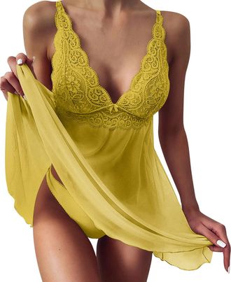 Generic Lingerie Small Size Romance Breathable Underwear Lace Lingerie Sleep Dress Womens Plus Size Lingerie Set (Yellow, XXXXL)