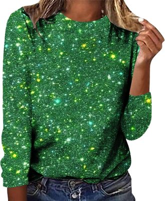 Generic Sequin Tops UK Women V/Round Neck Solid Long Sleeve Pullover Top Womens Sparkly Print Sweater Shirt Glitter Top Sparkly Festival Party Blouses Shining