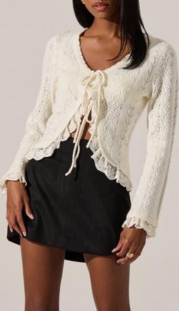 ASTR the Label Lacey Ruffle Pointelle Tie-Front Cardigan in Cream at Nordstrom, Size X-Small