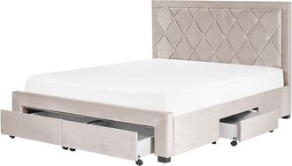 Beliani Cama Con Almacenaje De Terciopelo Beige 160 X 200 Cm Cajones Cabecero Alto Capiton&eacute; Glamuroso Lievin