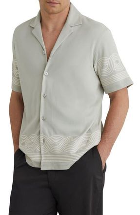 Reiss Arden Embroidered Cotton Blend Camp Shirt in Soft Sage Green at Nordstrom, Size Xx-Large