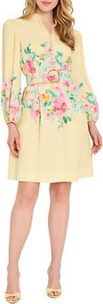 Tahari by ASL Floral Print Button Front Long Sleeve Dress in Buttercup Multi at Nordstrom, Size 14P