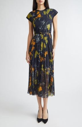 Jason Wu Shadow Floral Print Pleated Georgette Midi Dress in Ultra Navy at Nordstrom, Size 10