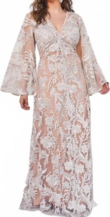 Jovani Cape Sleeve Lace Dress In Champagne