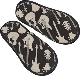 Generic Fuzzy Slippers Guitar Pattern Printing Fluffy Slippers Soft Warm House Slipper For Travel Women Indoor M