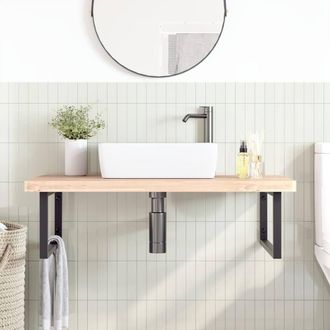 Berkfield Home Elegant Basin Shelf Wall Mounted Steel & Solid Wood Beech in Light Brown