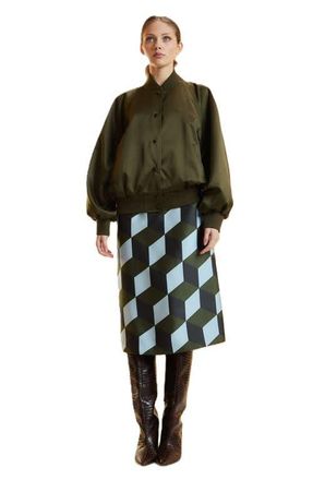 Cynthia Rowley Silk Wool Midi Skirt in Geo Green/blue Combo at Nordstrom, Size 10