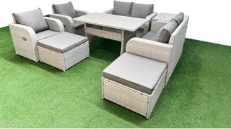 Fimous 8 Seater Outdoor Reclining Chair Love Sofa Set Rattan Garden Furniture Set with Rectangular Dining Table 2 Big FootStools 2 Side Table Light Grey