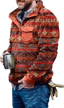 Generic Fleece Pullover Mens Aztec Sherpa Jacket Button Down Sweatshirt Warm Vintage Christmas Jumper With Pocket for Men, 1 - Red, M