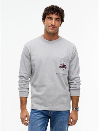 Tommy Hilfiger Mens Relaxed Fit Varsity Logo Pocket T-Shirt - Light Grey Heather - XL