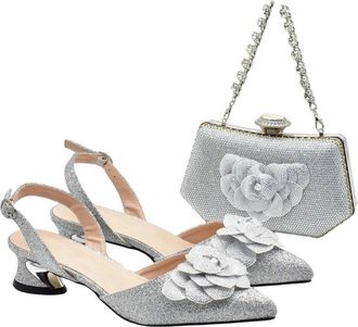 Generic Womens Elegant Rhinestone Decoration Heeled Shoes with Matching Bag for Party Office Silver