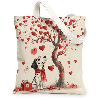 Generic Valentines Day Dalmatian Dog Canvas Tote Bag for Shopping 13x15, Fun Heart Tree Puppy Reusable Grocery Print Pattern Bag for Women, Pet Beach Aestheti