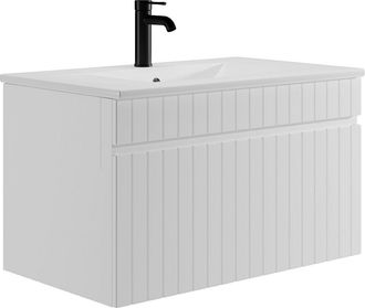 Vente-Unique Mueble de baño suspendido blanco con lavabo encastrado - 80 cm - SATARA