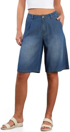 HINT OF BLU Chill Pleated Mid Rise Denim Bermuda Shorts in Ace Blue at Nordstrom, Size X-Small