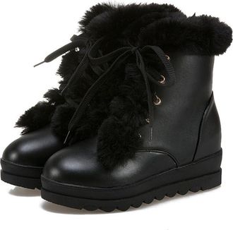 Generic Womens Plush Lined Lace Up Snow Boots Comfort Round Toe Hidden Wedge Heel Winter Platform Shoes (Black,7.5)