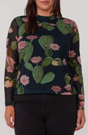 Estelle Mezzanine Cactus Print Mesh Top in Blue Print at Nordstrom, Size 16W