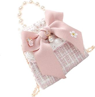PartyKindom UKCOCO Pink Bowknot Mini Messenger Bag with Pearl Chain, Boys and Crossbody Shoulder Bag, Suitable for Cosmetics and Small Essentials
