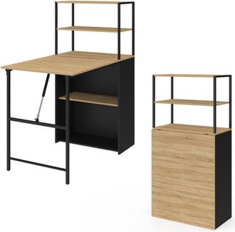 IDMarket Scrivania libreria pieghevole RAY con legno effetto faggio e piano pieghevole nero