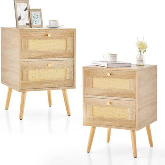 Costway Comodino in Rattan con 2 Cassetti, Tavolini Laterali Moderni con Gambe in Legno Massello, per Soggiorno e Camera da Letto, 40 x 40 x 59 cm (2)