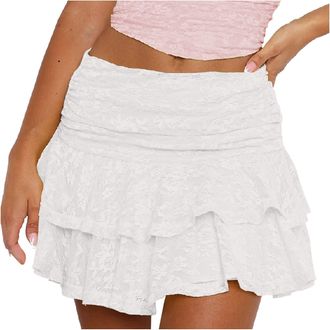 Generic Womens Ruffle Mini Skirts Lace Layered Short Skirts Womens Frill Elasticated Waist A Line Skirts Ladies Floral Print Flowy Pleated Skirts Solid Color 