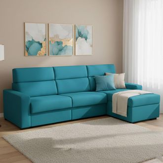 Dmora Sof&aacute; Cama Con Chaiselongue Celleno, Desenfundable, Almacenaje Made In Italy, Hidr&oacute;fugo Multiposici&oacute;n, 280x160 Cm Azul