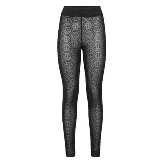 Philipp Plein Broeken, Dames, Zwart, S, Polyester, Tulle Leggings Monogram Strass