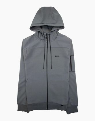 HUGO BOSS Mens Hugo Boss Sariq Cotton-blend Zip-up Hoodie With Decorative Reflective Logo Dark Grey - Size: 44/Regular