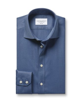 CHARLES TYRWHITT Cutaway Collar Non-Iron Twill Cotton Formal Shirt - Denim Blue Single Cuff Size 15.5/33 by Charles Tyrwhitt