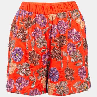 Maje Orange Floral Sequin Embroidered Crepe Izul Shorts