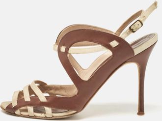 Manolo Blahnik Brown/beige Canvas And Leather Strappy Slingback Sandals