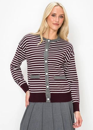 YAL New York Burgundy Striped Cardigan with Grey Contrast Trim